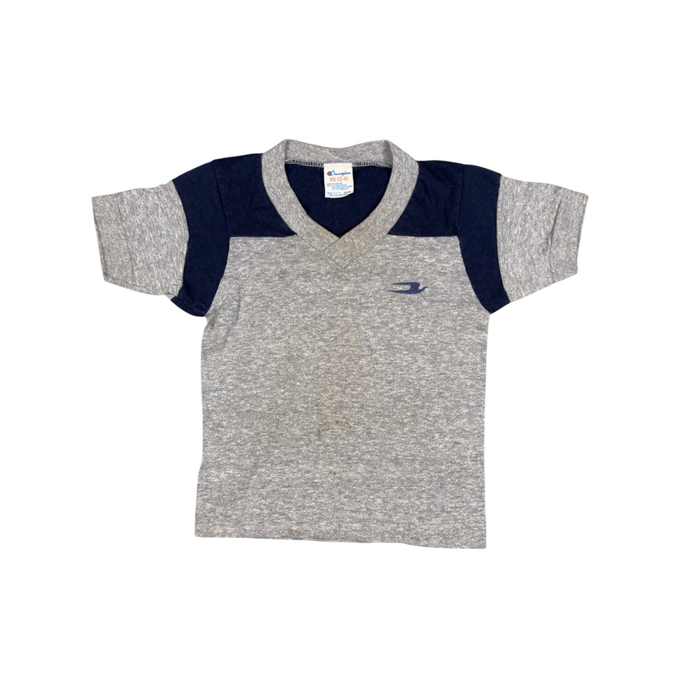 Vtg Champion Colorblock V Neck T Shirt Kids XS (2-4) Gray Navy 80s Made in USA‎